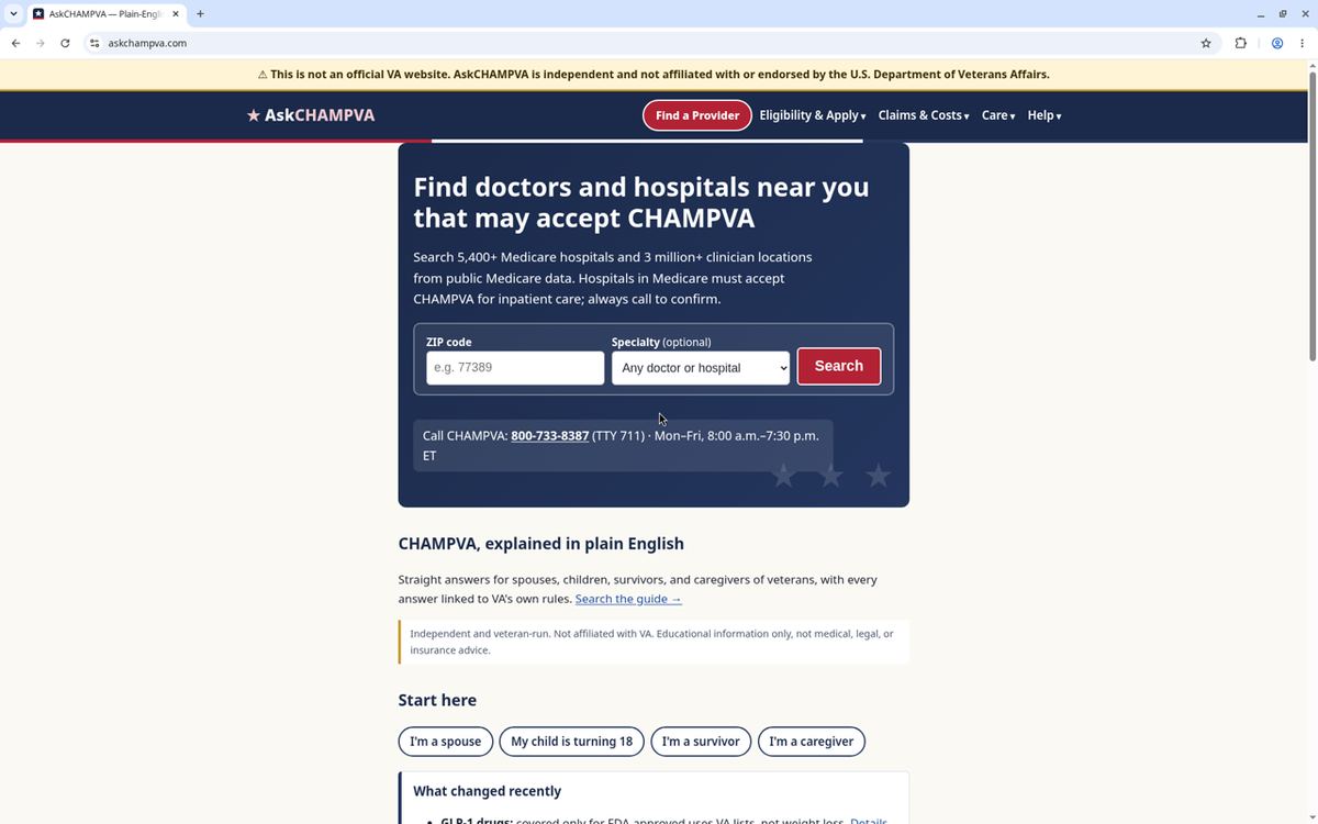 Screenshot of the askchampva.com homepage, a free CHAMPVA guide for veterans’ families