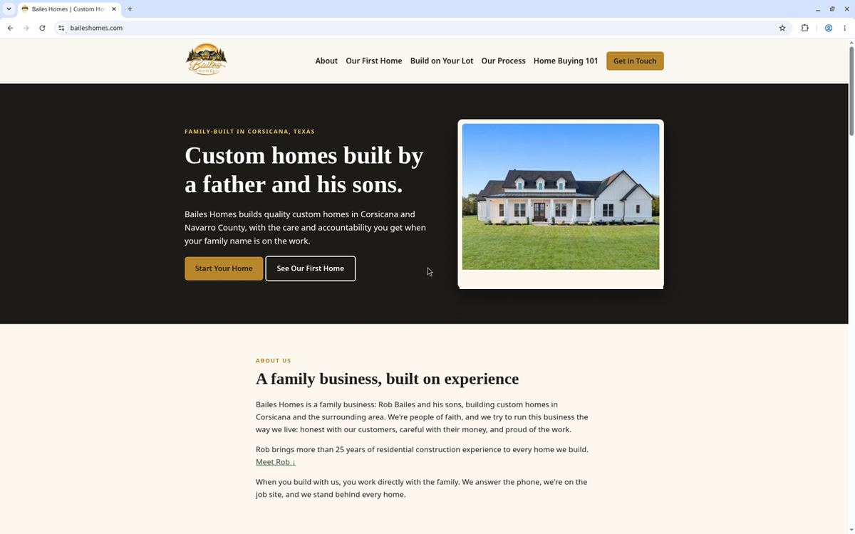 Screenshot of the baileshomes.com homepage, a family homebuilding business site
