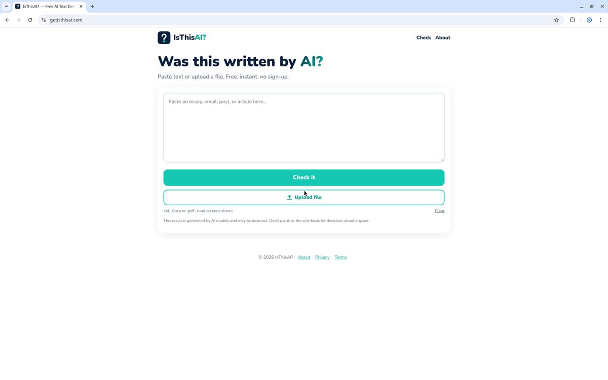 Screenshot of the getisthisai.com homepage, a free AI-writing detector