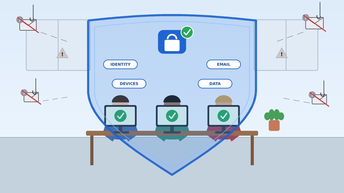 A calm, protected small business office under a single unified security shield covering identity, email, devices, and data