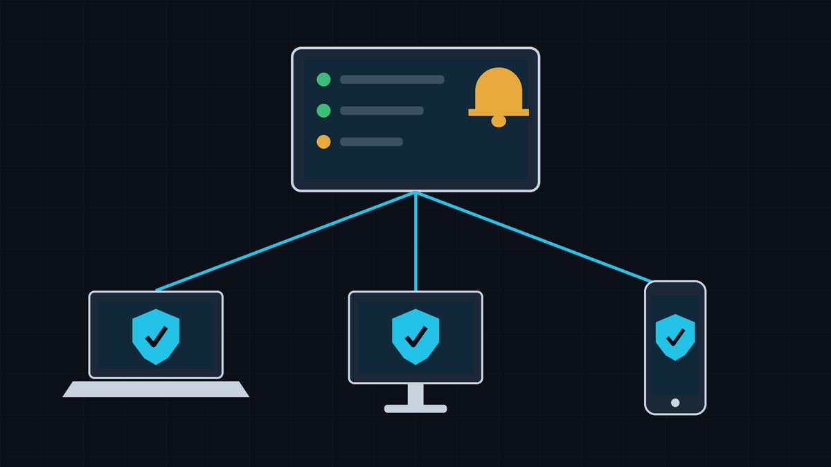 Flat illustration of a central dashboard connected to a laptop, a desktop computer, and a phone, each with a shield, and an alert bell on the dashboard