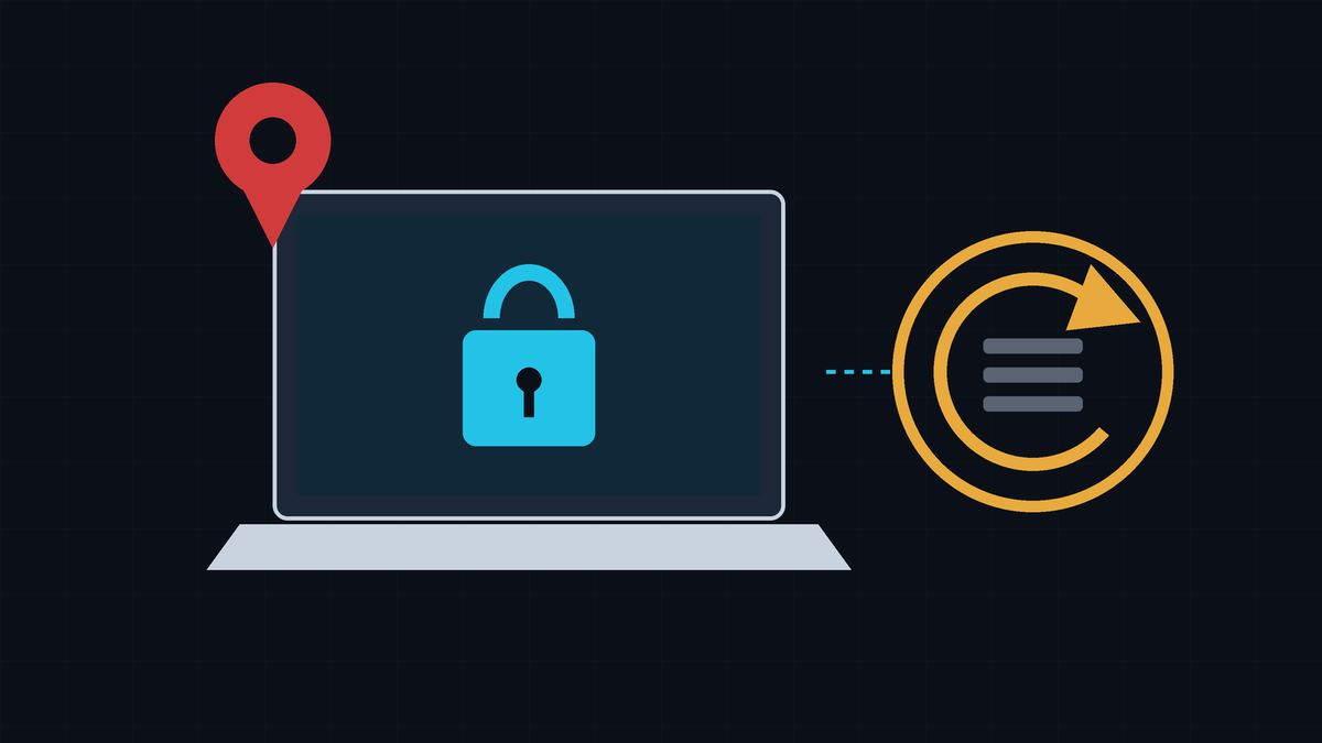 Flat illustration of a laptop with a map location pin, a padlock, and a reset arrow, showing locate, lock, and wipe